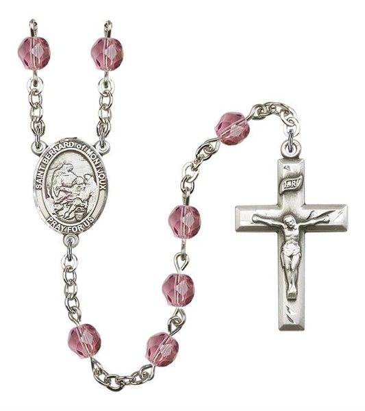 St. Bernard of Montjoux Rosary, 6mm Fire Polished Amethyst Beads, Silver Plate, # 15398
