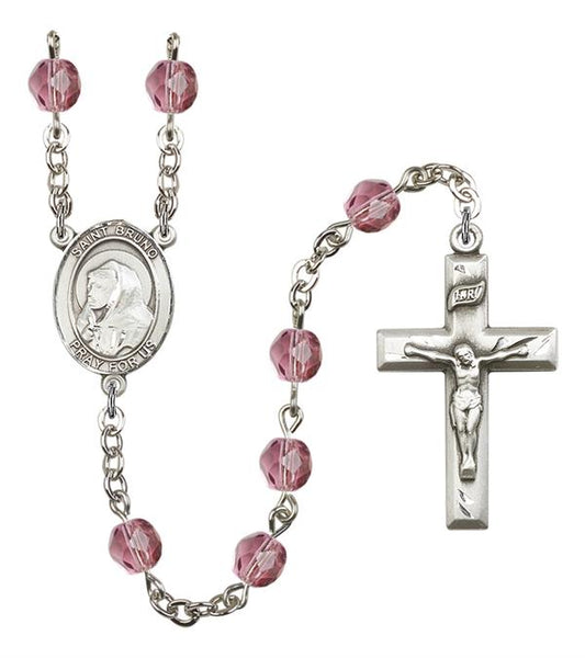 St. Bruno Rosary, 6mm Fire Polished Amethyst Beads, Silver Plate, # 15403