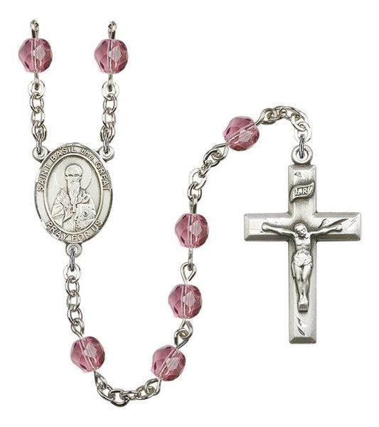 St. Basil the Great Rosary, 6mm Fire Polished Amethyst Beads, Silver Plate, # 15408