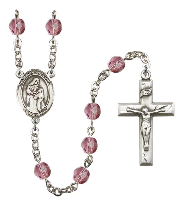 Blessed Caroline Gerhardinger Rosary, 6mm Fire Polished Amethyst Beads, Silver Plate, # 15414