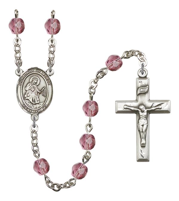 Our Lady of Mercy Rosary, 6mm Fire Polished Amethyst Beads, Silver Plate, # 15423