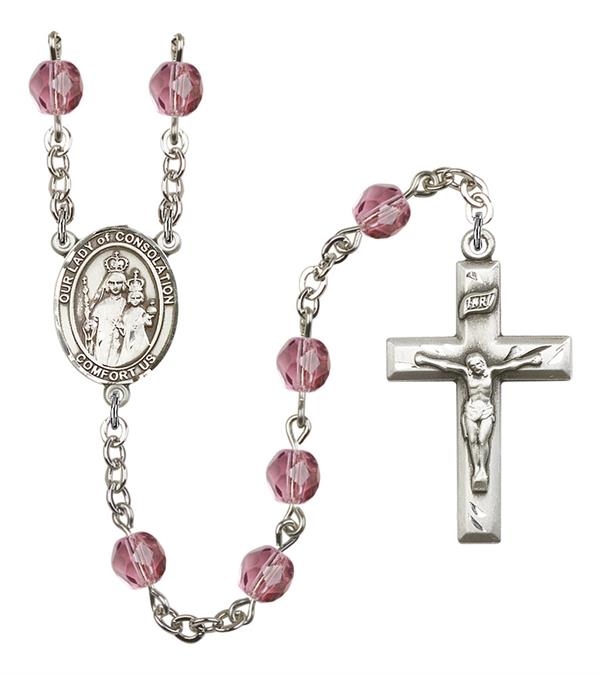 Our Lady of Consolation Rosary, 6mm Fire Polished Amethyst Beads, Silver Plate, # 15427