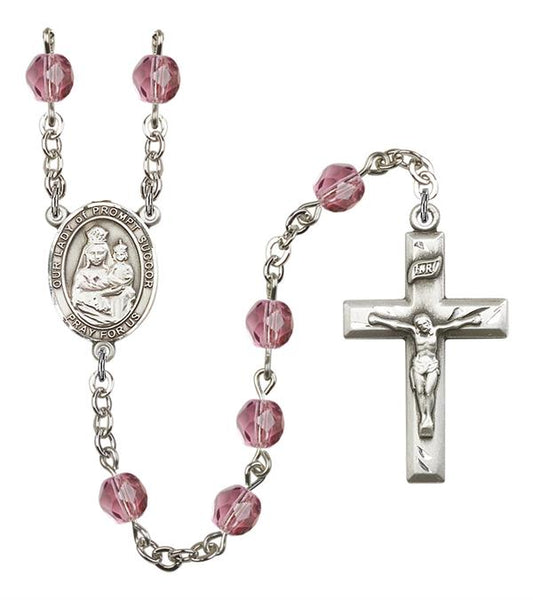 Our Lady of Prompt Succor Rosary, 6mm Fire Polished Amethyst Beads, Silver Plate, # 15433