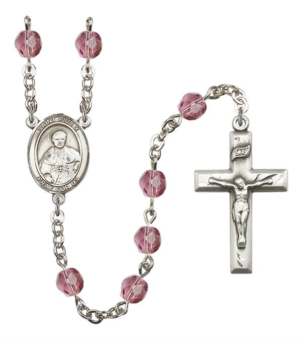 St. Pius X Rosary, 6mm Fire Polished Amethyst Beads, Silver Plate, # 15439