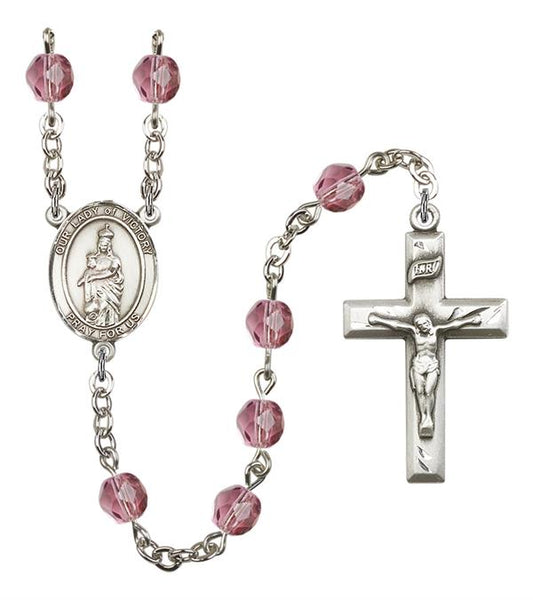 Our Lady of Victory Rosary, 6mm Fire Polished Amethyst Beads, Silver Plate, # 15440