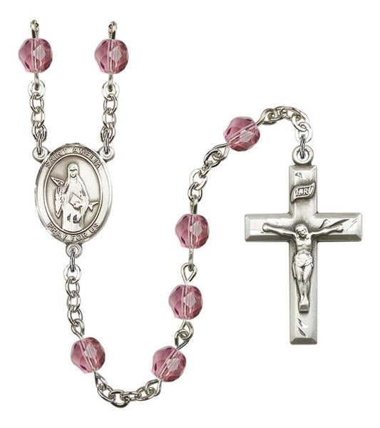 St. Amelia Rosary, 6mm Fire Polished Amethyst Beads, Silver Plate, # 15447