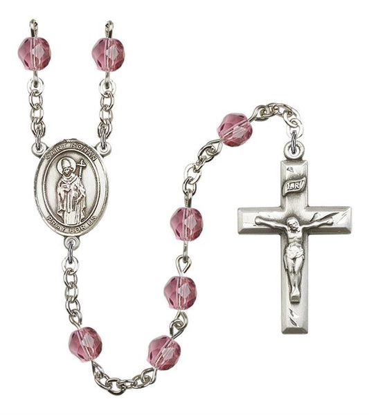 St. Ronan Rosary, 6mm Fire Polished Amethyst Beads, Silver Plate, # 15449