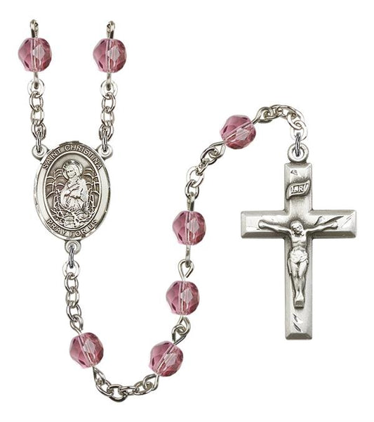 St. Christina the Astonishing Rosary, 6mm Fire Polished Amethyst Beads, Silver Plate, # 15454
