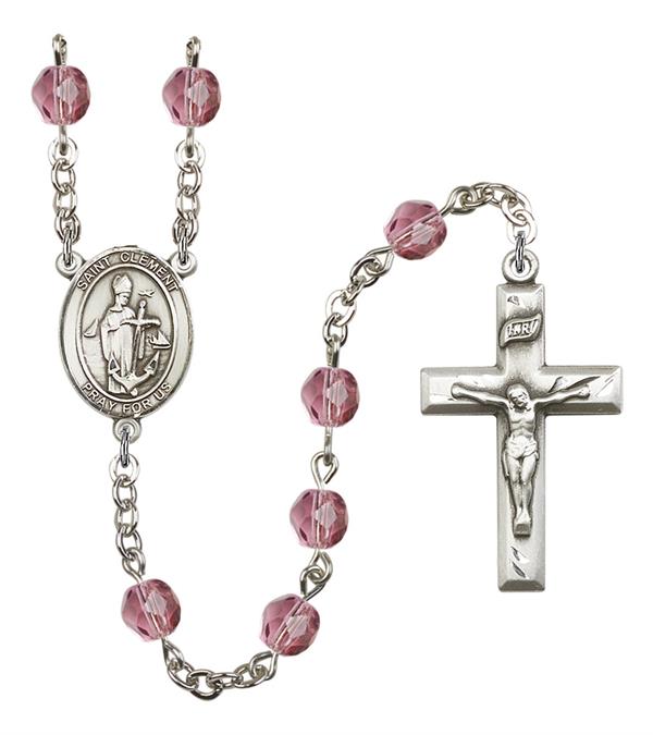 St. Clement Rosary, 6mm Fire Polished Amethyst Beads, Silver Plate, # 15475