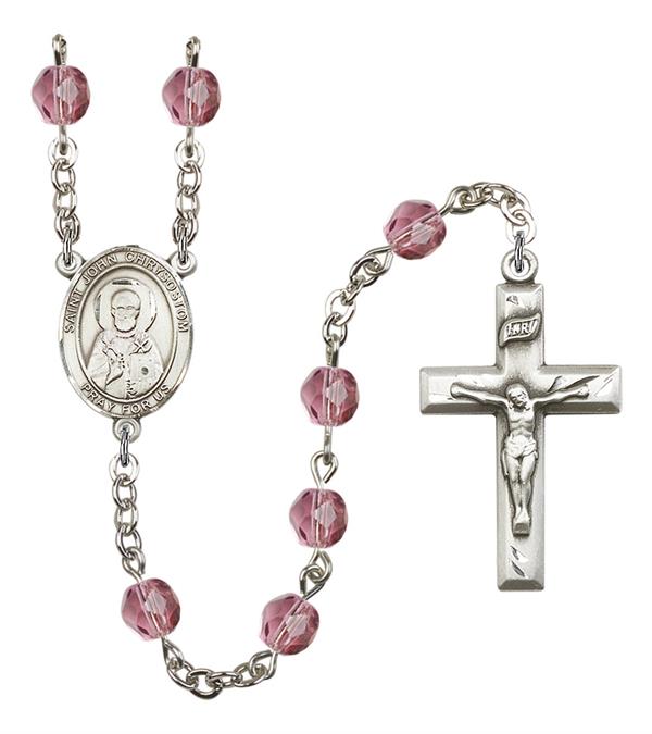 St. John Chrysostom Rosary, 6mm Fire Polished Amethyst Beads, Silver Plate, # 15492