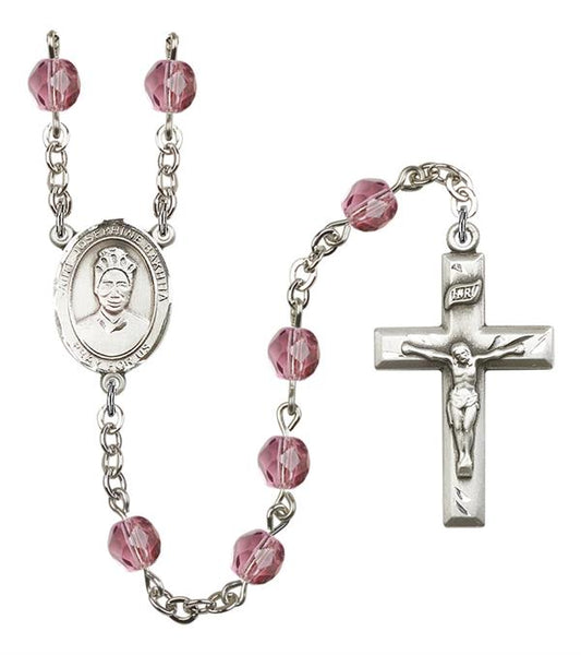St. Josephine Bakhita Rosary, 6mm Fire Polished Amethyst Beads, Silver Plate, # 15495