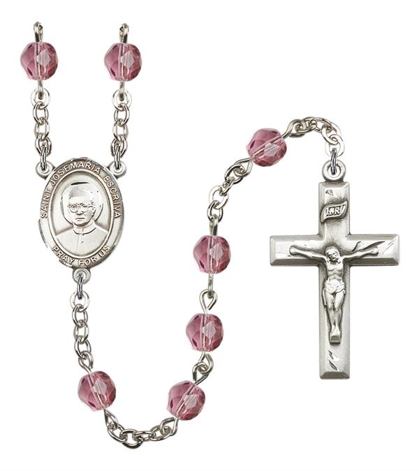 St. Josemaria Escriva Rosary, 6mm Fire Polished Amethyst Beads, Silver Plate, # 15497