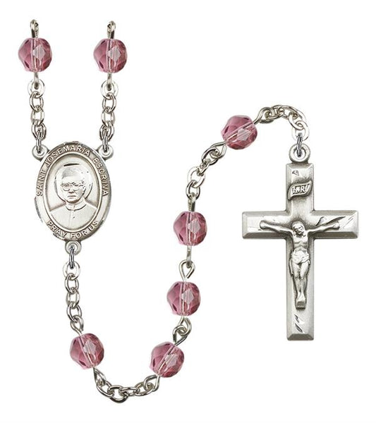 St. Josemaria Escriva Rosary, 6mm Fire Polished Amethyst Beads, Silver Plate, # 15497