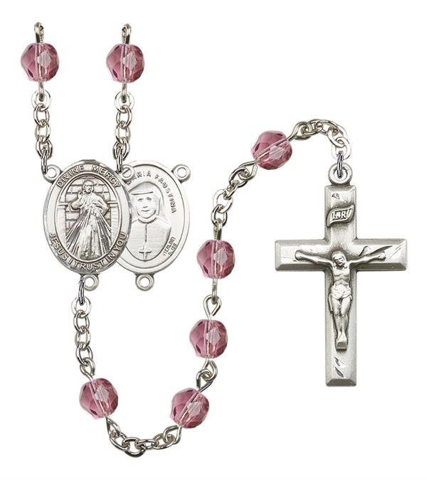Divine Mercy Rosary, 6mm Fire Polished Amethyst Beads, Silver Plate, # 15501