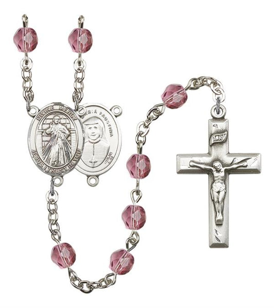 Divine Mercy Rosary, 6mm Fire Polished Amethyst Beads, Silver Plate, # 15501