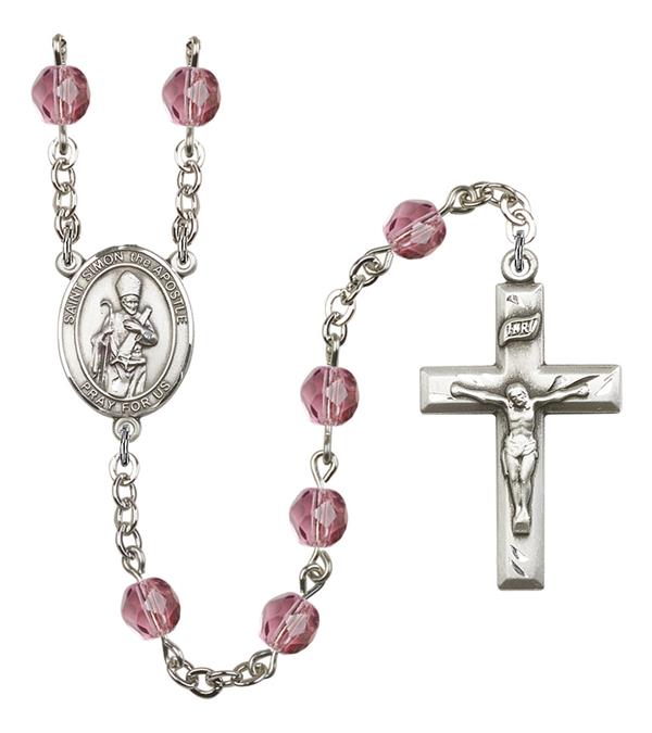 St. Simon the Apostle Rosary, 6mm Fire Polished Amethyst Beads, Silver Plate, # 15511