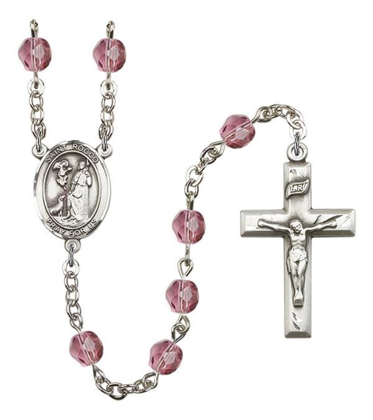 St. Rocco Rosary, 6mm Fire Polished Amethyst Beads, Silver Plate, # 15513