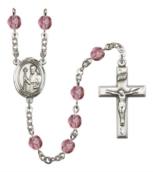 St. Regis Rosary, 6mm Fire Polished Amethyst Beads, Silver Plate, # 15516