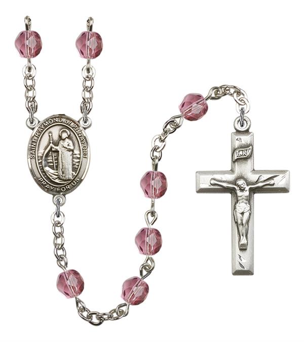 St. Raymond of Penafort Rosary, 6mm Fire Polished Amethyst Beads, Silver Plate, # 15521