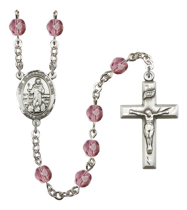St. Bernadine of Sienna Rosary, 6mm Fire Polished Amethyst Beads, Silver Plate, # 15524