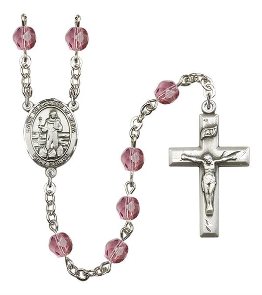 St. Bernadine of Sienna Rosary, 6mm Fire Polished Amethyst Beads, Silver Plate, # 15524