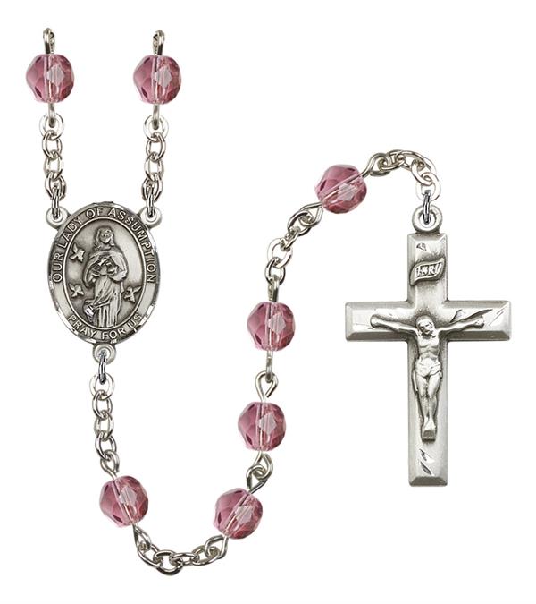 Our Lady of the Assumption Rosary, 6mm Fire Polished Amethyst Beads, Silver Plate, # 15525