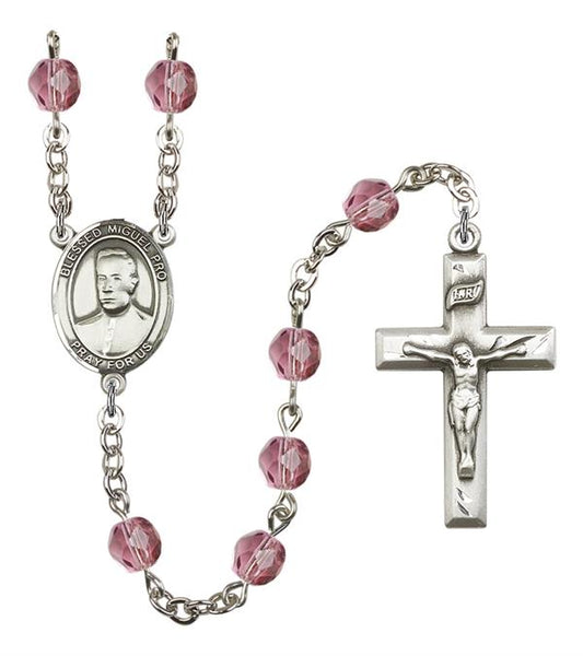 Blessed Miguel Pro Rosary, 6mm Fire Polished Amethyst Beads, Silver Plate, # 15526