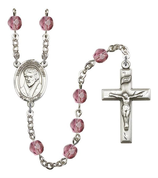 St. Peter Canisius Rosary, 6mm Fire Polished Amethyst Beads, Silver Plate, # 15530