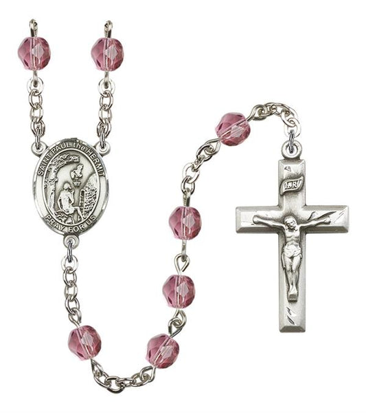 St. Paul the Hermit Rosary, 6mm Fire Polished Amethyst Beads, Silver Plate, # 15531