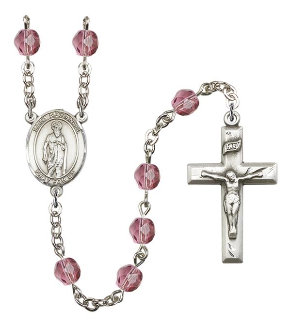 St. Nathanael Rosary, 6mm Fire Polished Amethyst Beads, Silver Plate, # 15535