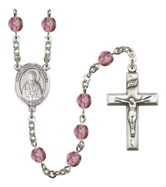 St. Lydia Purpuraria Rosary, 6mm Fire Polished Amethyst Beads, Silver Plate, # 15550