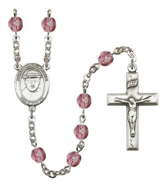 St. Damien of Molokai Rosary, 6mm Fire Polished Amethyst Beads, Silver Plate, # 15551