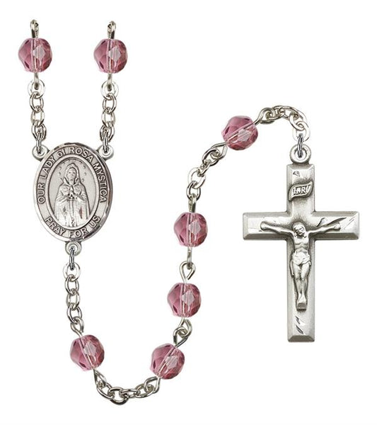 Our Lady of Rosa Mystica Rosary, 6mm Fire Polished Amethyst Beads, Silver Plate, # 15552