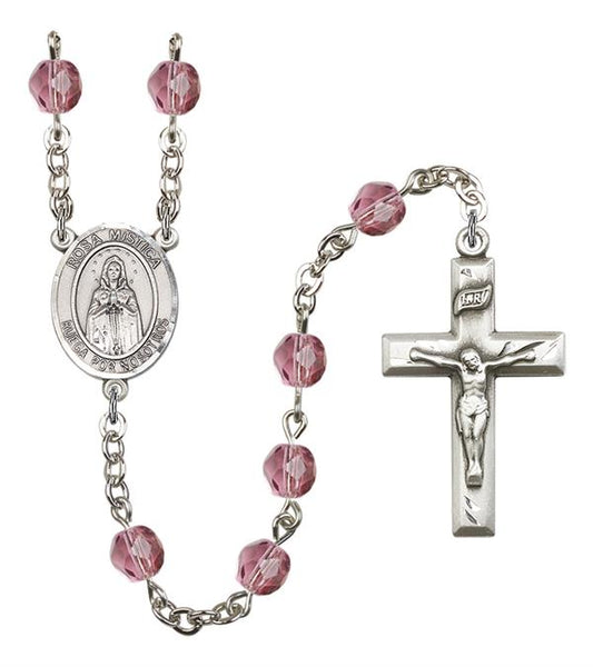 Our Lady of Rosa Mystica Spanish Rosary, 6mm Fire Polished Amethyst Beads, Silver Plate, # 15553