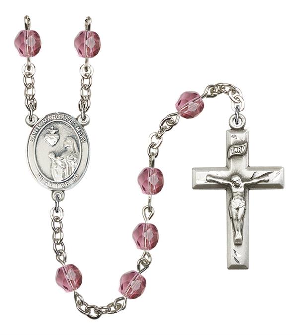 St. Margaret Mary Alacoque Rosary, 6mm Fire Polished Amethyst Beads, Silver Plate, # 15560