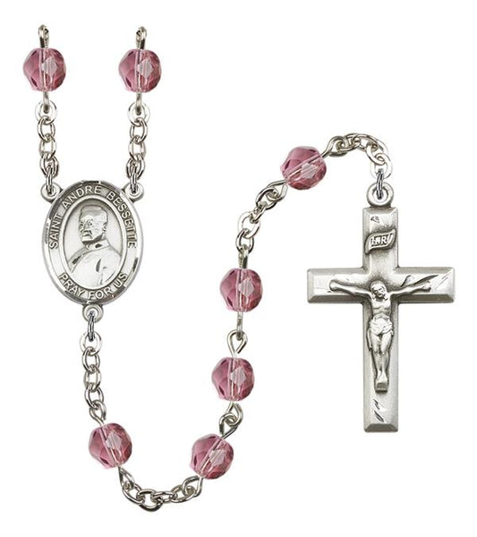 St. Andre Bessette Rosary, 6mm Fire Polished Amethyst Beads, Silver Plate, # 15564