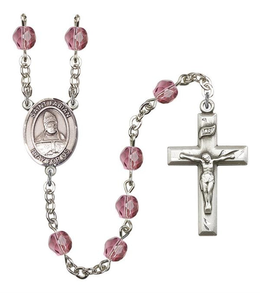 St. Fabian Rosary, 6mm Fire Polished Amethyst Beads, Silver Plate, # 15567