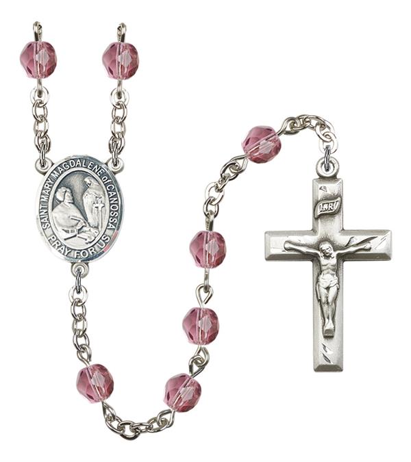 St. Mary Magdalene of Canossa Rosary, 6mm Fire Polished Amethyst Beads, Silver Plate, # 15569