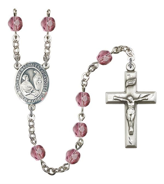 St. Mary Magdalene of Canossa Rosary, 6mm Fire Polished Amethyst Beads, Silver Plate, # 15569