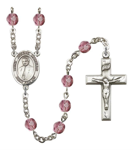 St. Joseph Marello Rosary, 6mm Fire Polished Amethyst Beads, Silver Plate, # 15570