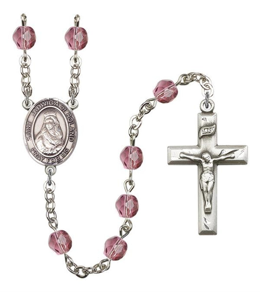 St. Jadwiga of Poland Rosary, 6mm Fire Polished Amethyst Beads, Silver Plate, # 15573