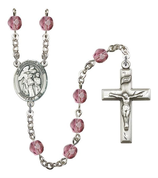 Guardian Angel w/ Children Rosary, 6mm Fire Polished Amethyst Beads, Silver Plate, # 15576