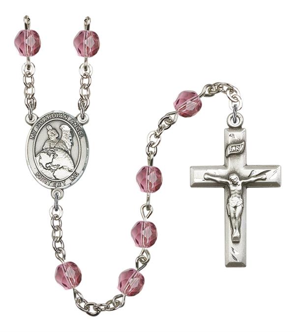 Guardian Angel Protector Rosary, 6mm Fire Polished Amethyst Beads, Silver Plate, # 15577