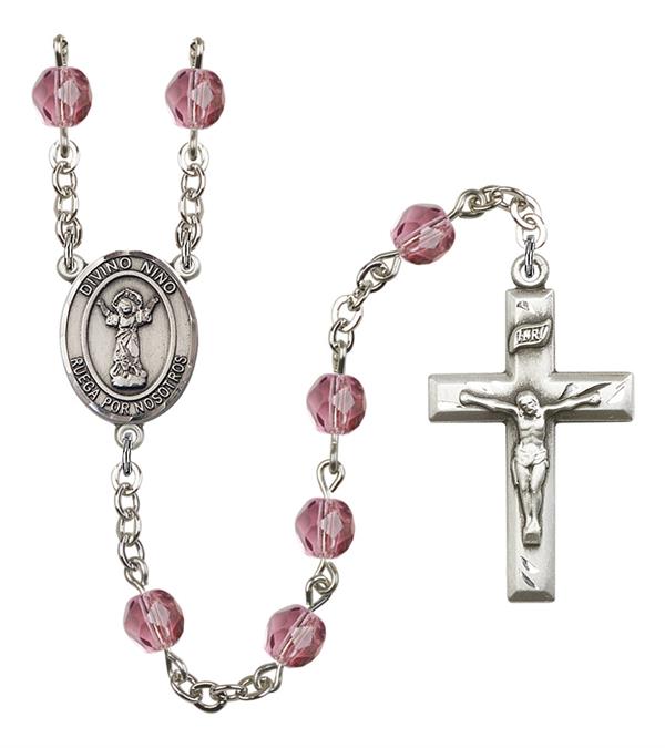 Divino Nino Spanish Rosary, 6mm Fire Polished Amethyst Beads, Silver Plate, # 15580
