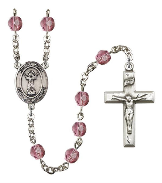 Divino Nino Spanish Rosary, 6mm Fire Polished Amethyst Beads, Silver Plate, # 15580