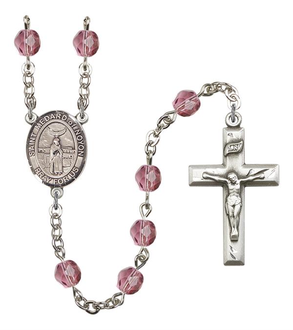 St. Medard of Noyon Rosary, 6mm Fire Polished Amethyst Beads, Silver Plate, # 15581