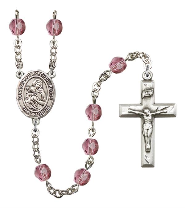 Our Lady of the Precious Blood Rosary, 6mm Fire Polished Amethyst Beads, Silver Plate, # 15584