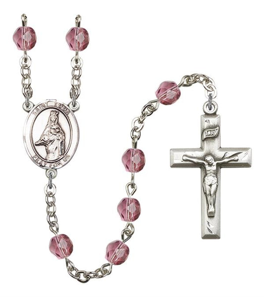 St. Emma Uffing Rosary, 6mm Fire Polished Amethyst Beads, Silver Plate, # 15586