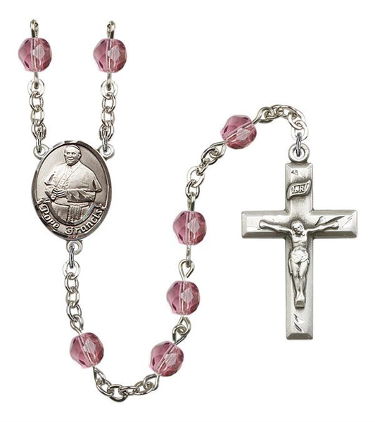 Pope Francis Rosary, 6mm Fire Polished Amethyst Beads, Silver Plate, # 15587
