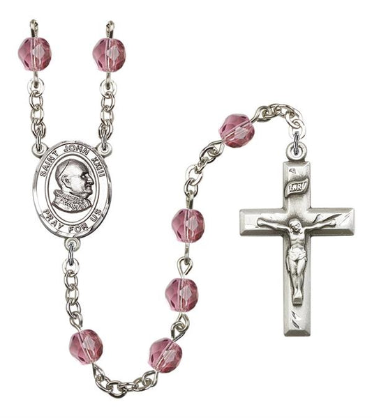 St. John XXIII Rosary, 6mm Fire Polished Amethyst Beads, Silver Plate, # 15589